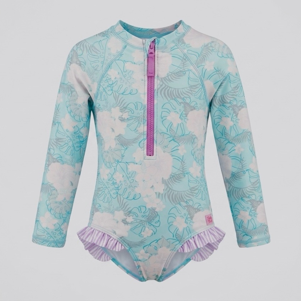 Ruffle Butts one-piece Swimsuit Toddler Girl’s 5 aqua blue white pink floral zip